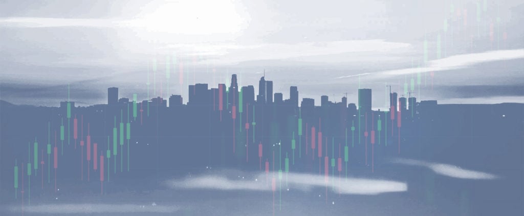 City skyline with chart superimposed over it